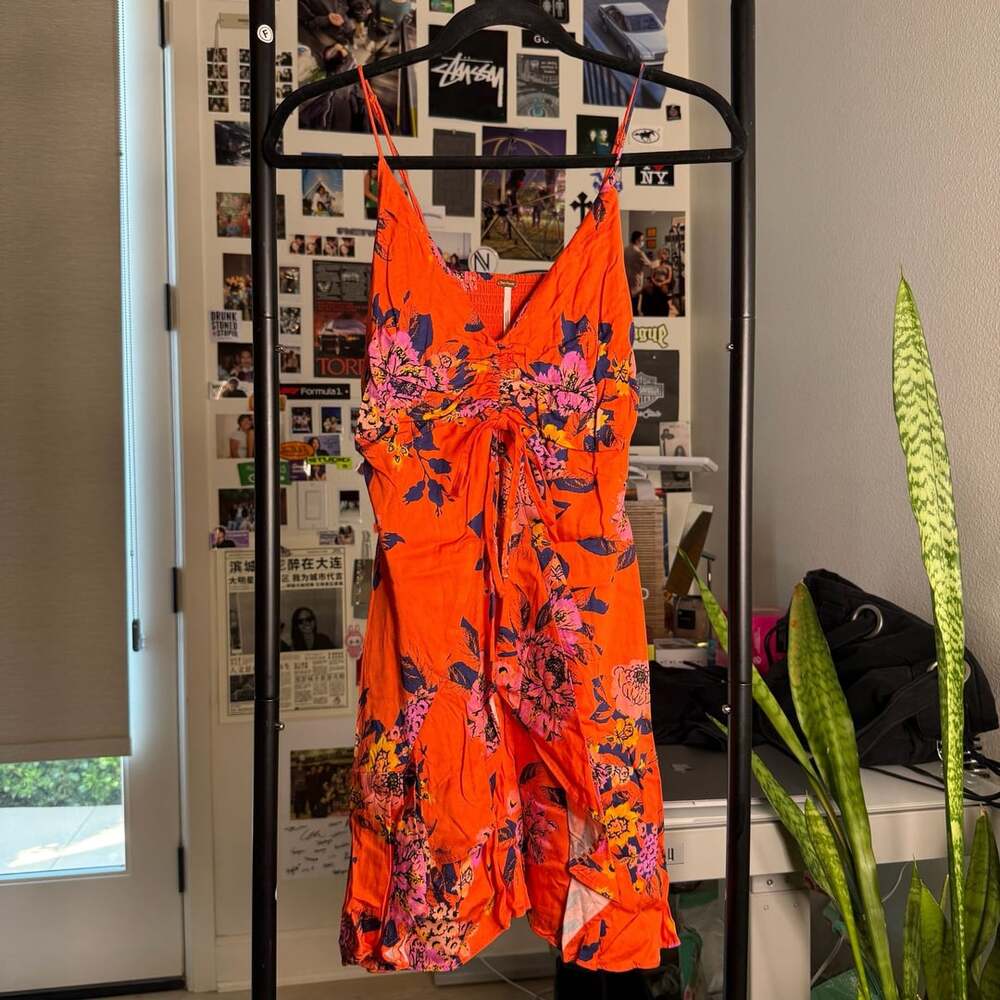 Free People Floral Slip Dress Size XS Orange Cami Ruffle